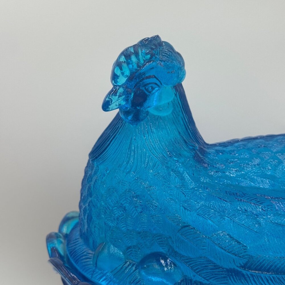 RARE COLOR Vintage LE Smith Horizon Blue Glass Hen On A Nest 6" Blue teal aqua M - Picture 3 of 13